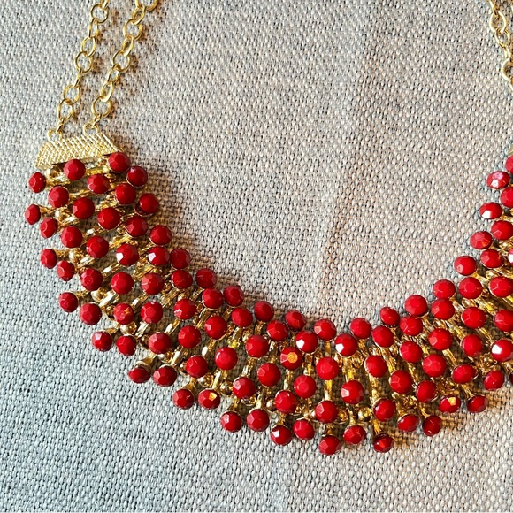 Egyptian Revival Bib Collar Necklace Opaque Red Stone Pin Cushion Necklace - Picture 4 of 13